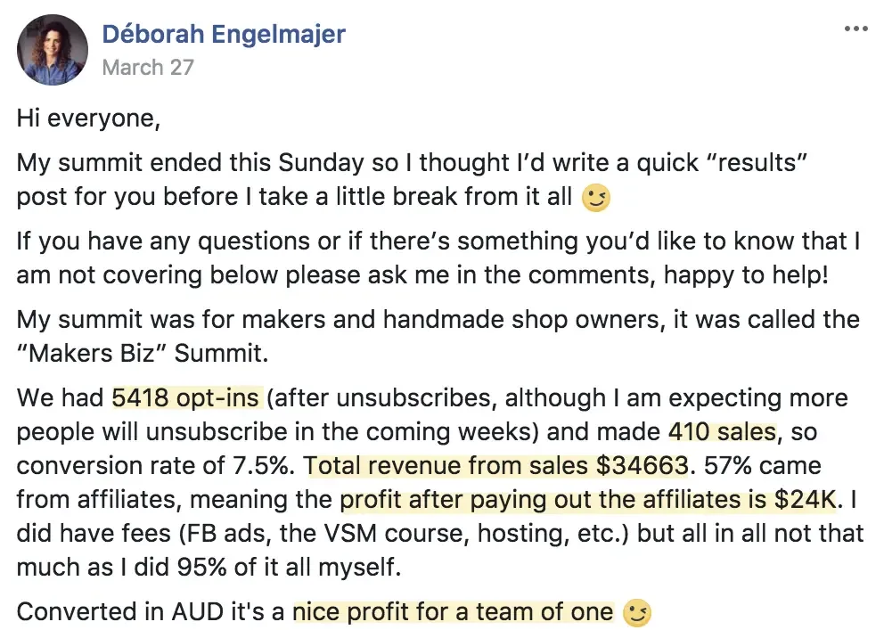 Maker's Biz Summit, Deborah Engelmajer first summit results, Virtual Summit Mastery review, Navid Moazzez testimonial