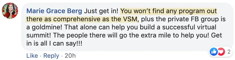 Marie Grace Berg VSM review, Best online event examples