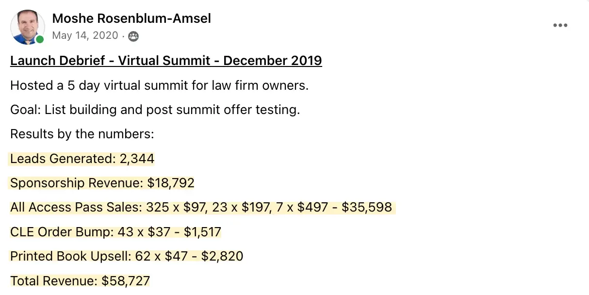 Moshe Amsel virtual summit results, Law Firm Growth Summit, Best virtual event examples