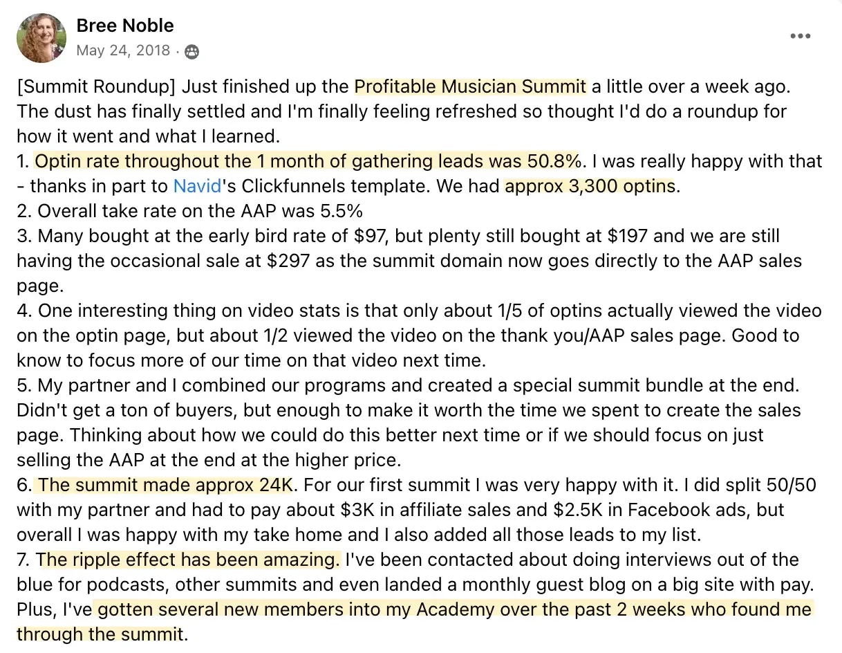 Profitable Musician Summit, Bree Noble summit results, Best virtual event examples