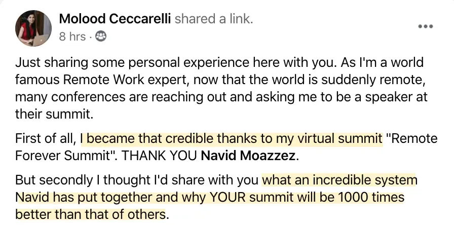 Remote Forever Summit results, Molood Ceccarelli, Virtual Summit Mastery review, Navid Moazzez testimonial