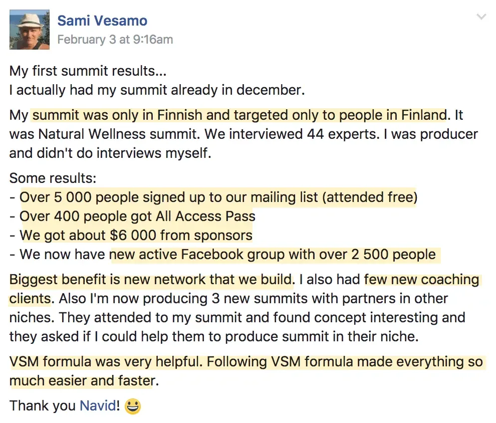 Sami Vesamo Finnish virtual summit results, Virtual Summit Mastery review, Navid Moazzez testimonial