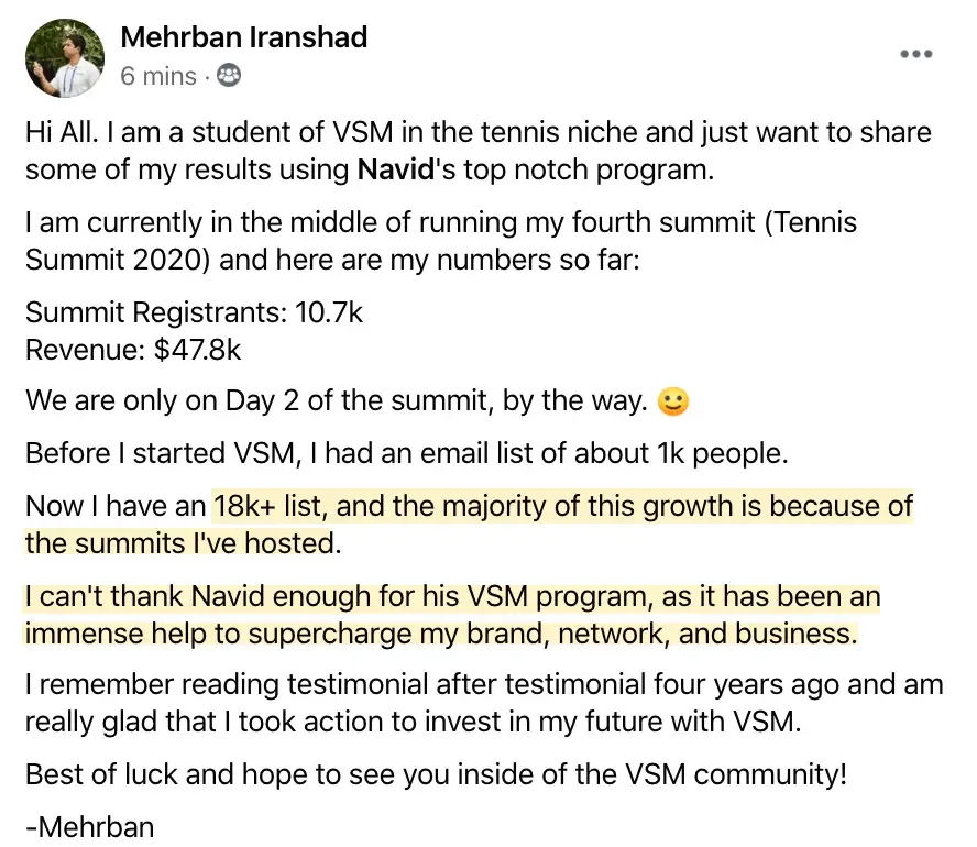 Top virtual event examples, Tennis Summit results, Mehrban Iranshad