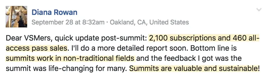 Best virtual event examples, Virtual Harp Summit results, Diana Rowan