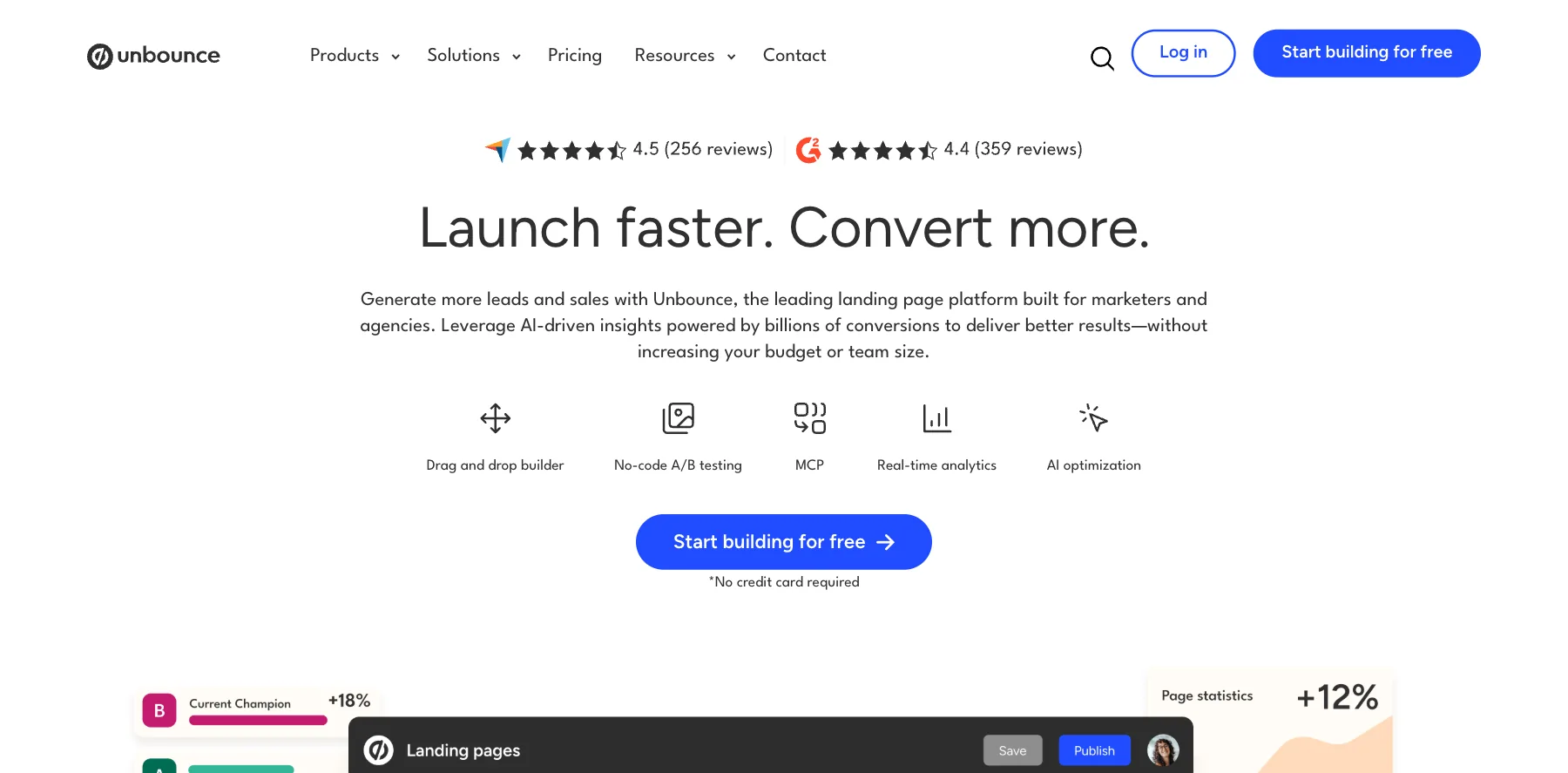 Unbounce's home page: launch faster, convert more