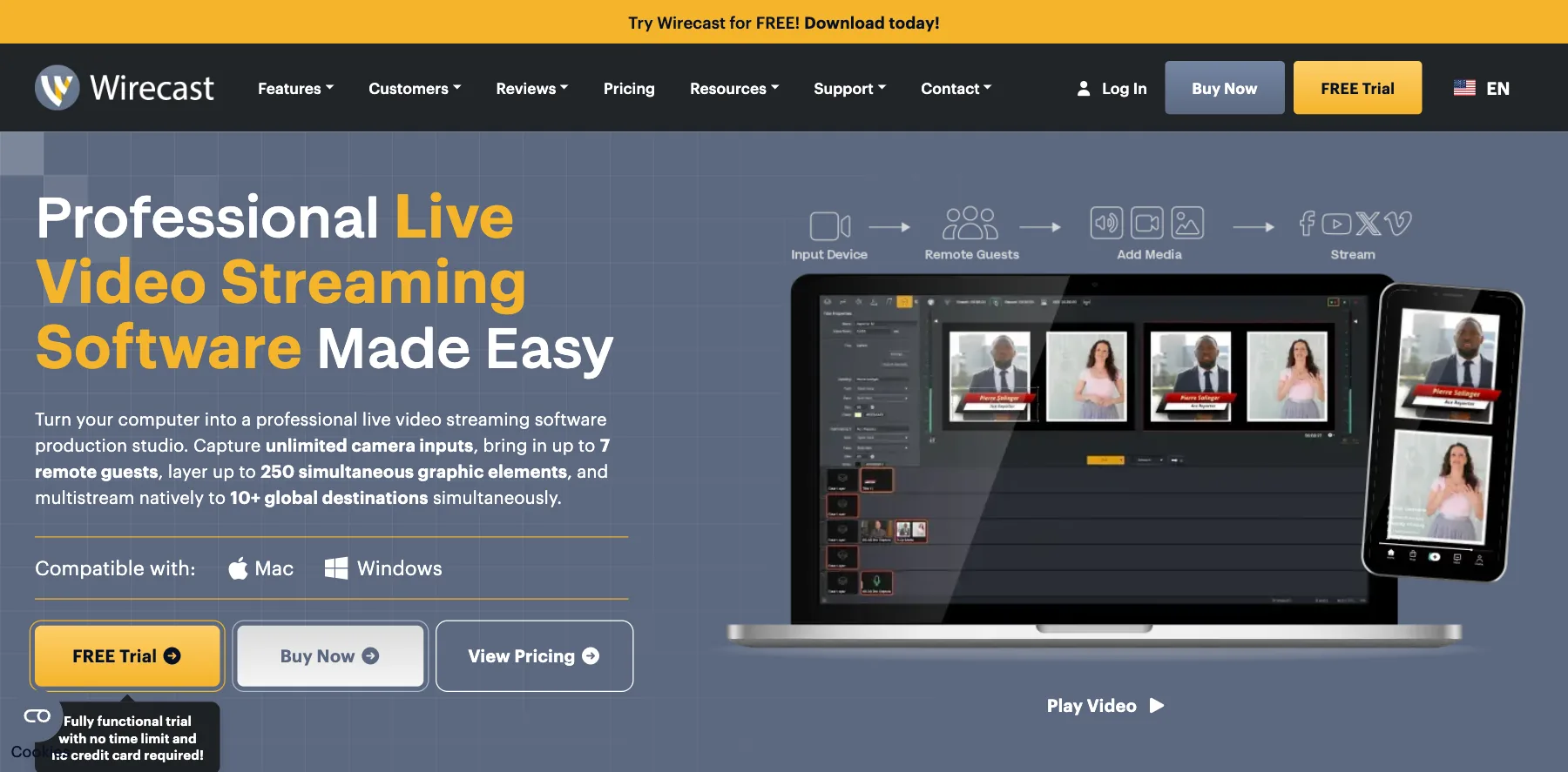 Wirecast's home page: professional live video streaming software made easy