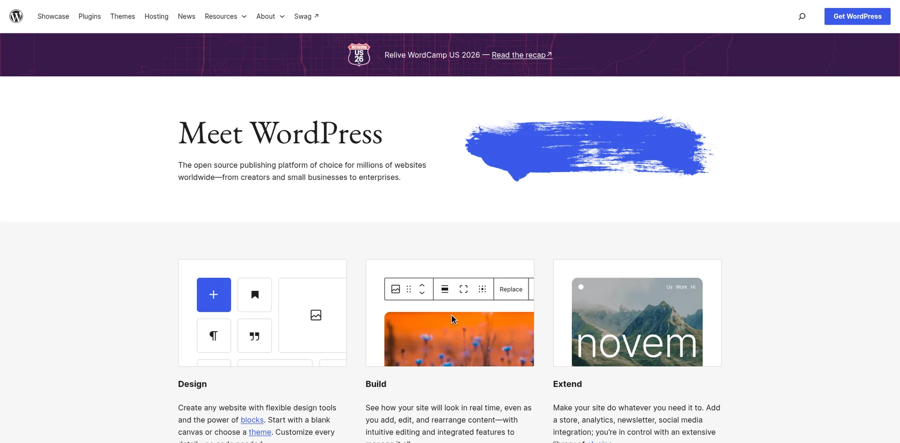 WordPress.org's home page: meet WordPress